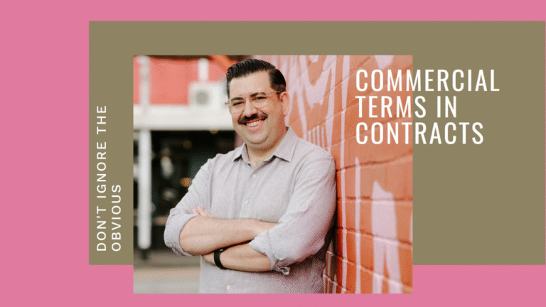 Professional man with glasses and mustache leaning against graffiti wall, text about commercial contracts.