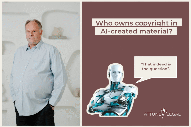 Man in light blue shirt standing next to text about AI copyright with robot illustration.