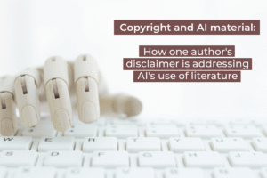 Wooden robotic hand typing on white keyboard with overlaid text about copyright and AI material.