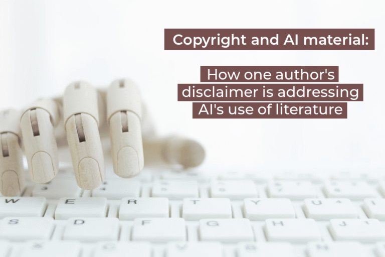 Wooden robotic hand typing on white keyboard with overlaid text about copyright and AI material.