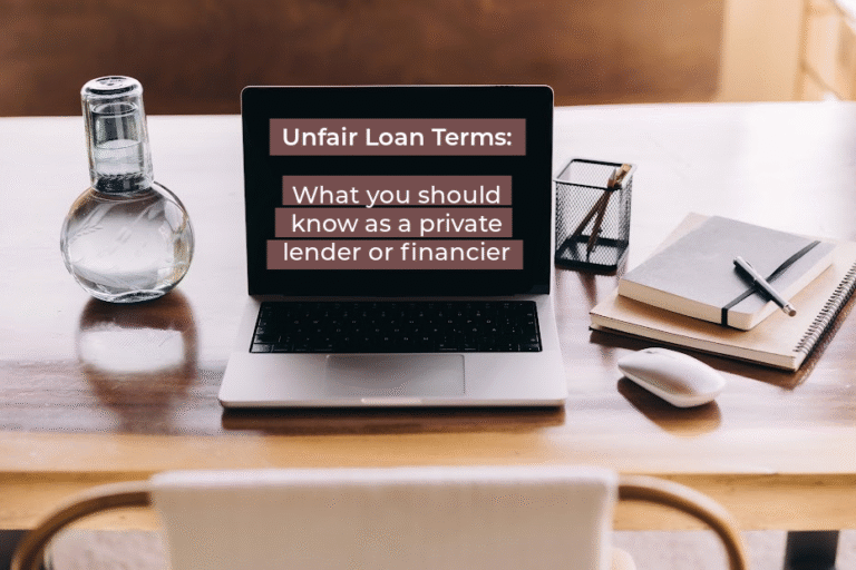 Laptop on wooden desk displaying text about unfair loan terms, with glass water bottle, notebooks, pen, and mouse nearby.