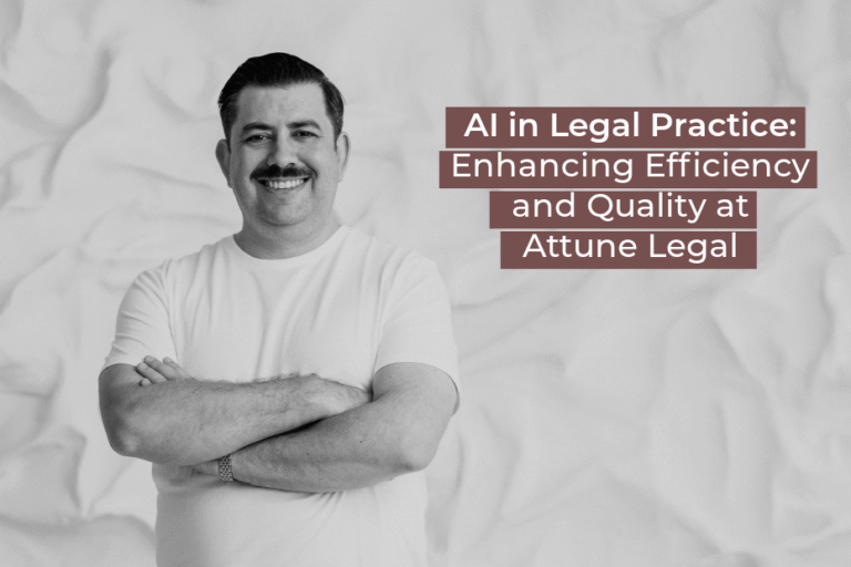 Black-and-white image of a smiling man with crossed arms next to text about AI in legal practice.