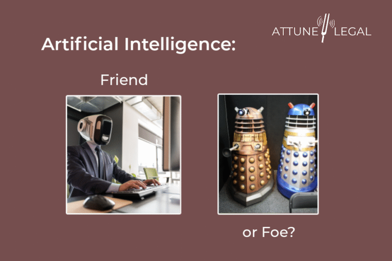Image with the text "Artificial Intelligence: Friend or Foe?" featuring a person in a suit with a robot head typing and two Dalek robots, with the Attune Legal logo.