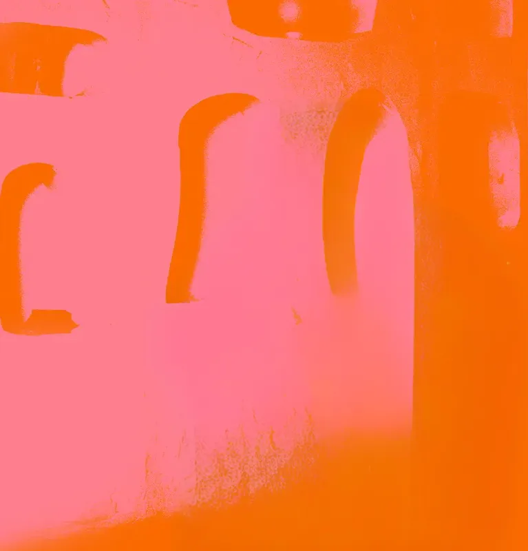 Abstract image with predominantly orange and pink hues, featuring curved shapes and shadows.