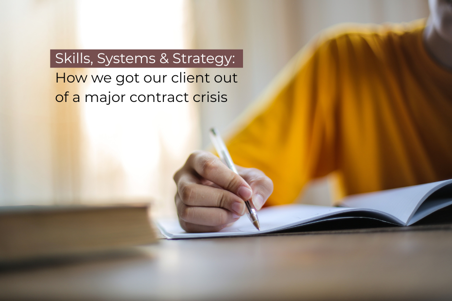 Person in yellow shirt writing in notebook with text about contract crisis resolution.