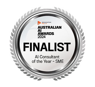 Silver medal with laurel border reading "Australian AI Awards 2024 Finalist, AI Consultant of the Year - SME