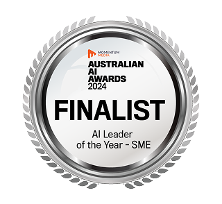 Silver medal badge with laurel wreath, labeled "Australian AI Awards 2024 Finalist, AI Leader of the Year - SME