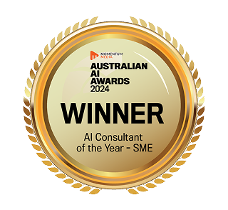 Gold medal emblem displaying "Australian AI Awards 2024 Winner, AI Consultant of the Year - SME" text.