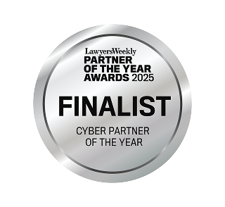 Silver circular badge with text "Lawyers Weekly Partner of the Year Awards 2025 Finalist Cyber Partner of the Year.