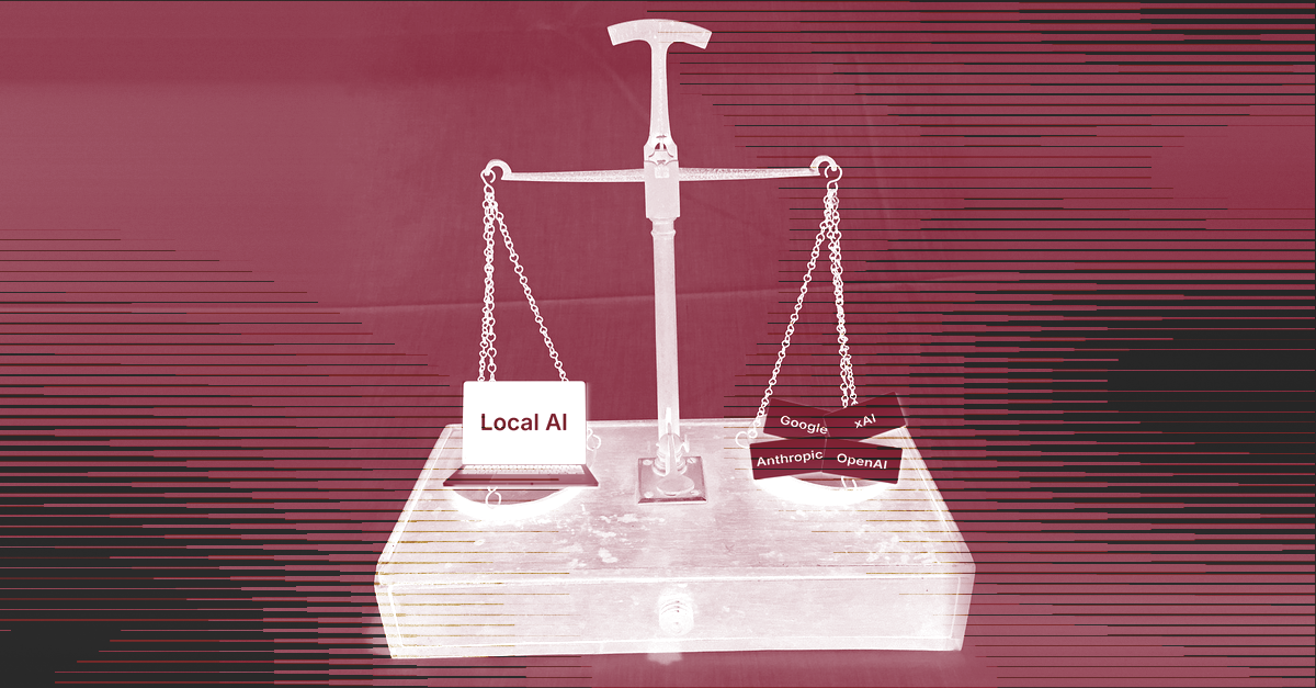 Antique balance scale with a laptop showing “Local AI” on one pan and cards reading OpenAI, Anthropic, xAI and Google on the other